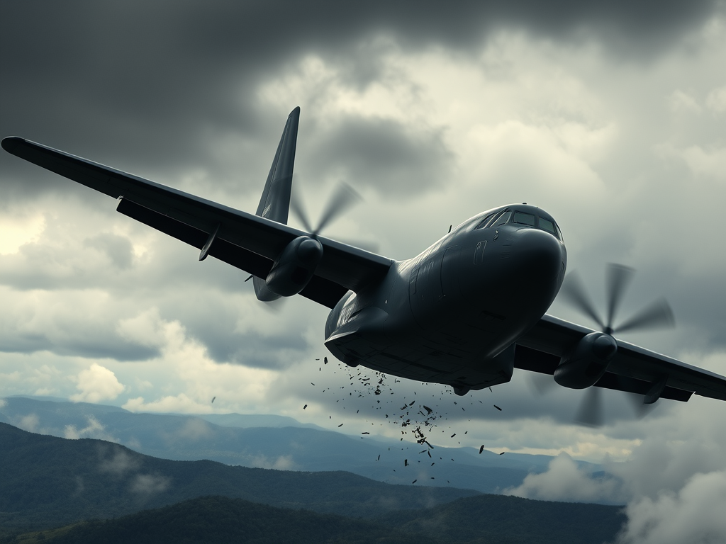 Uçan kargo uçağı, bulutlu gökyüzünde ilerliyor.